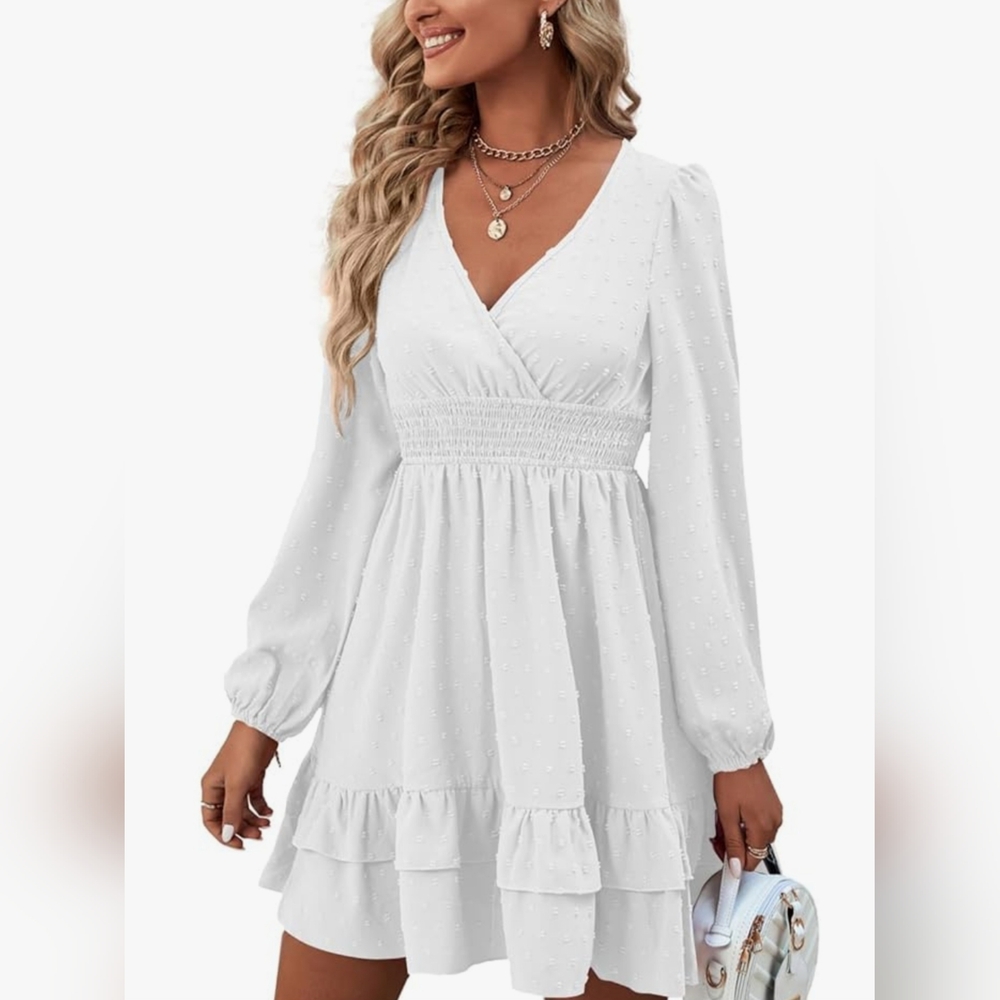 Women's White Wrap V Neck Swing Ruffle Swiss Dots Long Sleeve Mini Dress